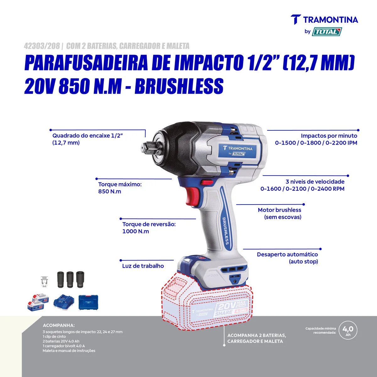 Chave de Impacto 1/2" (12,7 mm) 20V 0-850 N.m Brushless Tramontina by Total - Com 2 Baterias 20V de 4,0Ah, Carregador e Maleta