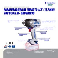 Chave de Impacto 1/2" (12,7 mm) 20V 0-850 N.m Brushless Tramontina by Total - Com 2 Baterias 20V de 4,0Ah, Carregador e Maleta