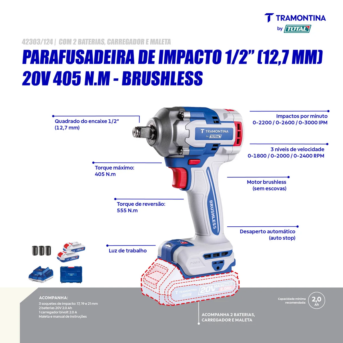 Chave de Impacto 1/2" (12,7 mm) 20V 405 N.m Brushless Tramontina by Total - Com 2 baterias 20V de 2,0Ah, Carregador e Maleta