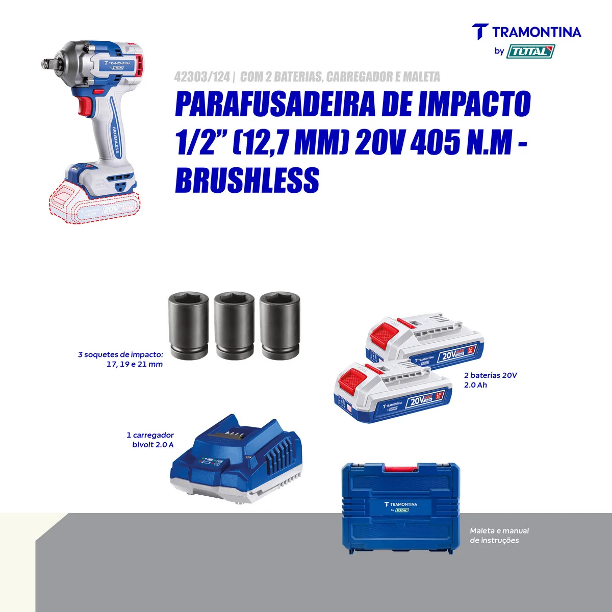 Chave de Impacto 1/2" (12,7 mm) 20V 405 N.m Brushless Tramontina by Total - Com 2 baterias 20V de 2,0Ah, Carregador e Maleta