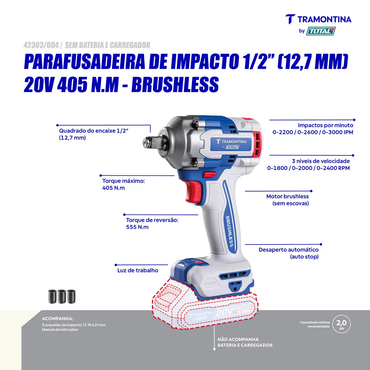 Chave de Impacto 1/2" (12,7 mm) 20V 405 N.m Brushless Tramontina by Total - Sem Bateria e Carregador