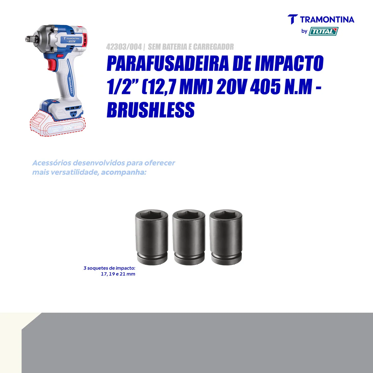 Chave de Impacto 1/2" (12,7 mm) 20V 405 N.m Brushless Tramontina by Total - Sem Bateria e Carregador