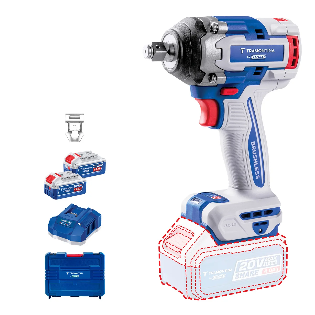 Chave de Impacto 1/2" (12,7 mm) 20V 500 N.m Brushless Tramontina by Total - Com 2 baterias 20V de 4,0Ah, Carregador e Maleta