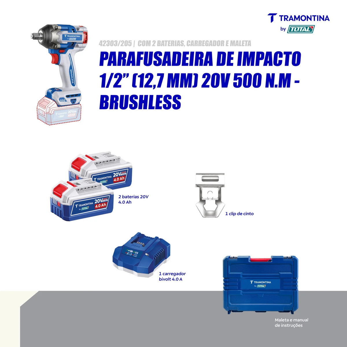 Chave de Impacto 1/2" (12,7 mm) 20V 500 N.m Brushless Tramontina by Total - Com 2 baterias 20V de 4,0Ah, Carregador e Maleta