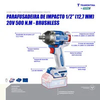 Chave de Impacto 1/2" (12,7 mm) 20V 500 N.m Brushless Tramontina by Total - Com 2 baterias 20V de 4,0Ah, Carregador e Maleta