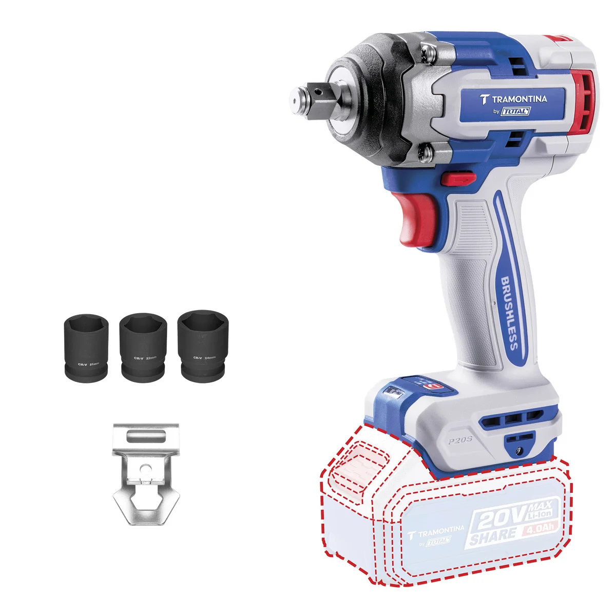 Chave de Impacto 1/2" (12,7 mm) 20V 500 N.m Brushless Tramontina by Total - Sem Bateria e Carregador