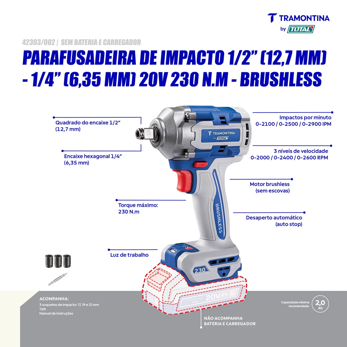 Chave de Impacto 1/2" e 1/4" 20V 230 N.m Brushless Tramontina by Total - Sem bateria e Carregador