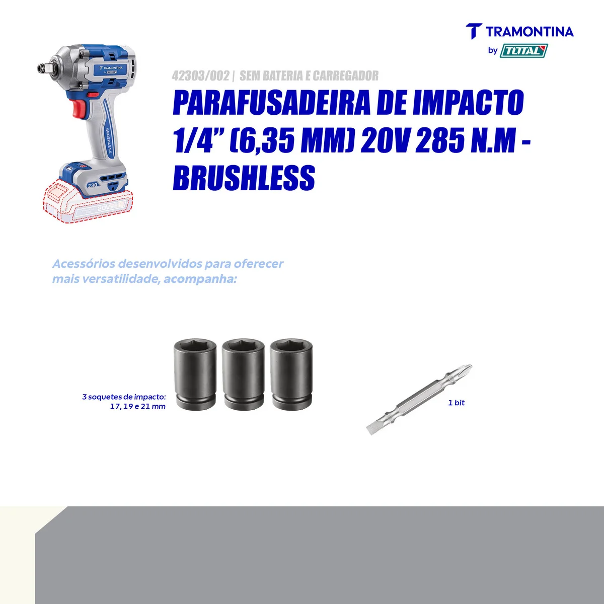 Chave de Impacto 1/2" e 1/4" 20V 230 N.m Brushless Tramontina by Total - Sem bateria e Carregador