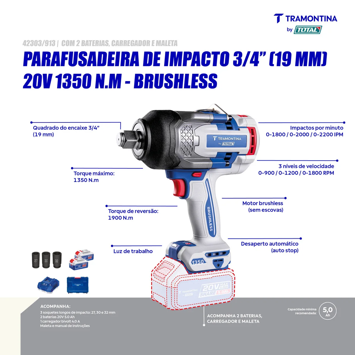 Chave de Impacto 3/4" (19 mm) 20V 1350 N.m Brushless Tramontina by Total - Com 2 Baterias 20V de 5,0Ah, Carregador e Maleta