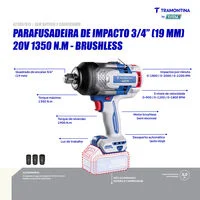 Chave de Impacto 3/4" (19 mm) 20V 1350 N.m Brushless Tramontina by Total - Sem Bateria e Carregador