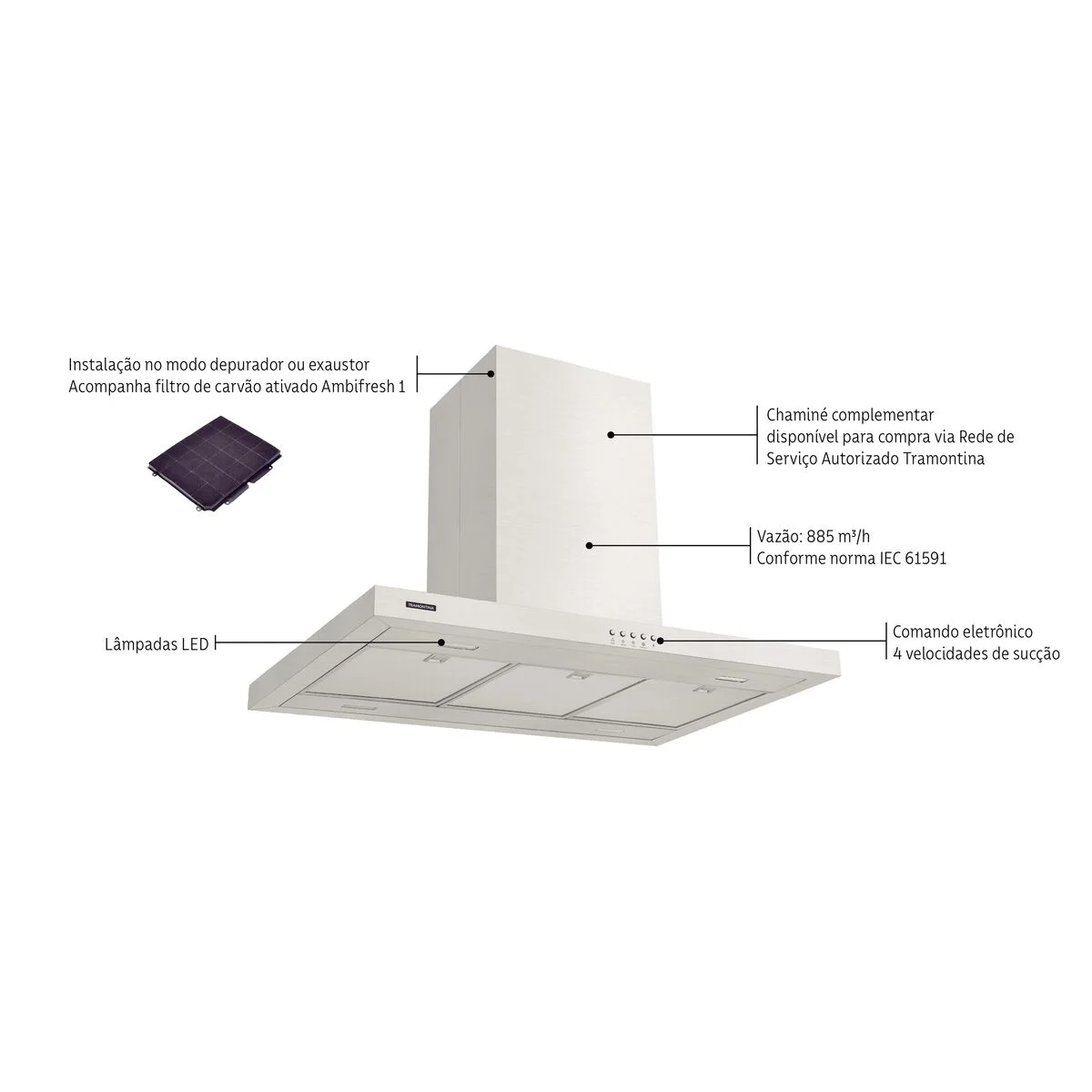 Coifa de Ilha Tramontina New Dritta Isla em Aço Inox 90 cm 127 V