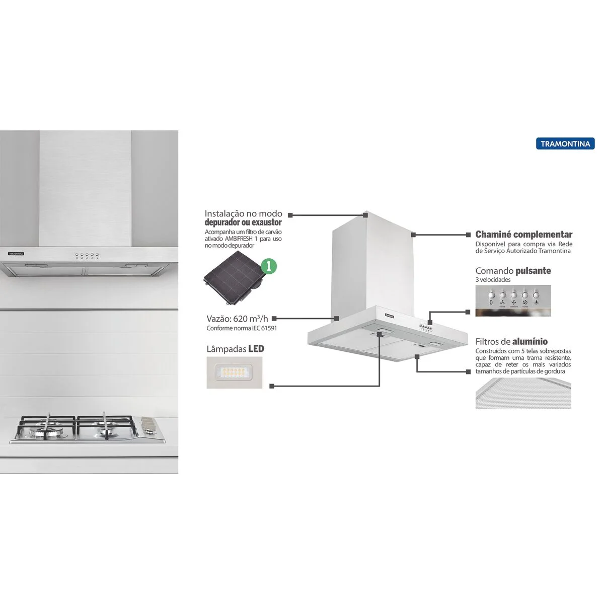Coifa de Parede Tramontina New Dritta Wall 60 em Aço Inox 60 cm 220 V