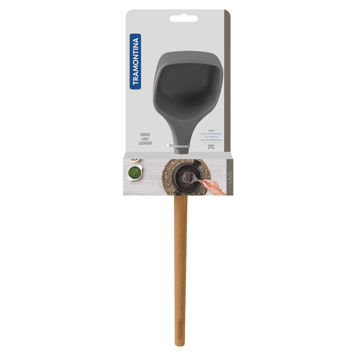 Concha Tramontina Live em Silicone Cinza com Cabo de Madeira