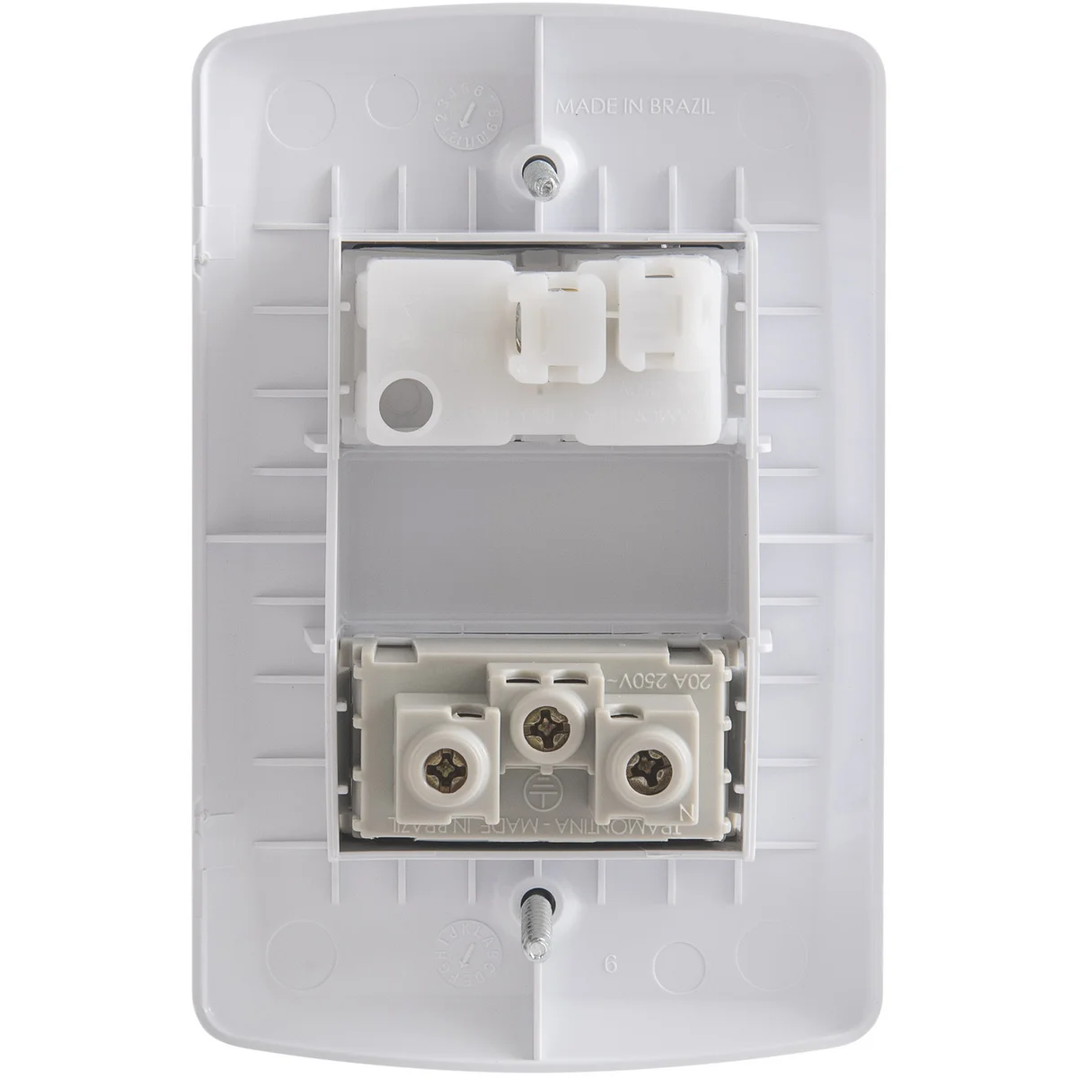 Conjunto 4x2 com 1 Interruptor Simples 10 A 250 V e 1 Tomada 2P+T 20 A 250 V Tramontina Lux2 Branco