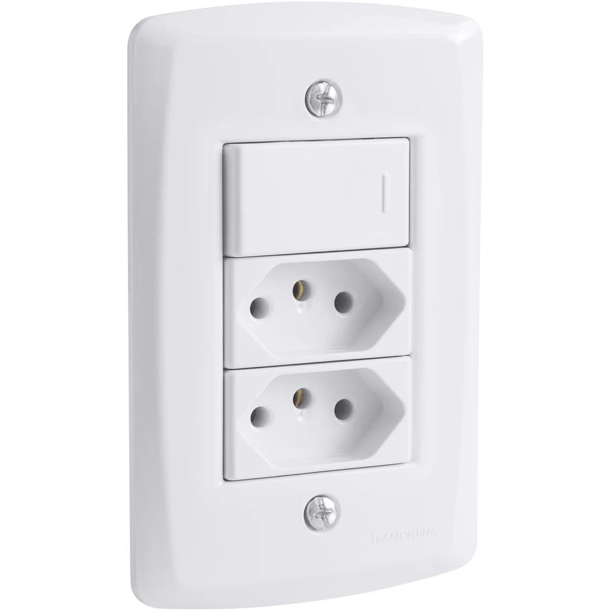 Conjunto 4x2 com 1 Interruptor Simples 10 A 250 V e 2 Tomadas 2P+T 10 A 250 V Tramontina Lux2 Branco