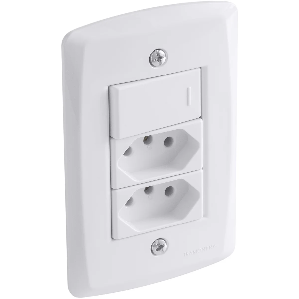 Conjunto 4x2 com 1 Interruptor Simples 10 A 250 V e 2 Tomadas 2P+T 10 A 250 V Tramontina Lux2 Branco