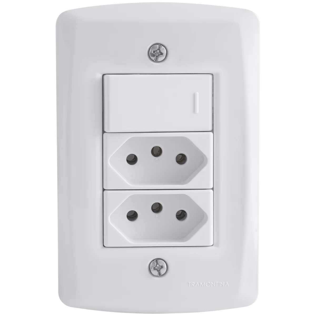 Conjunto 4x2 com 1 Interruptor Simples 10 A 250 V e 2 Tomadas 2P+T 10 A 250 V Tramontina Lux2 Branco