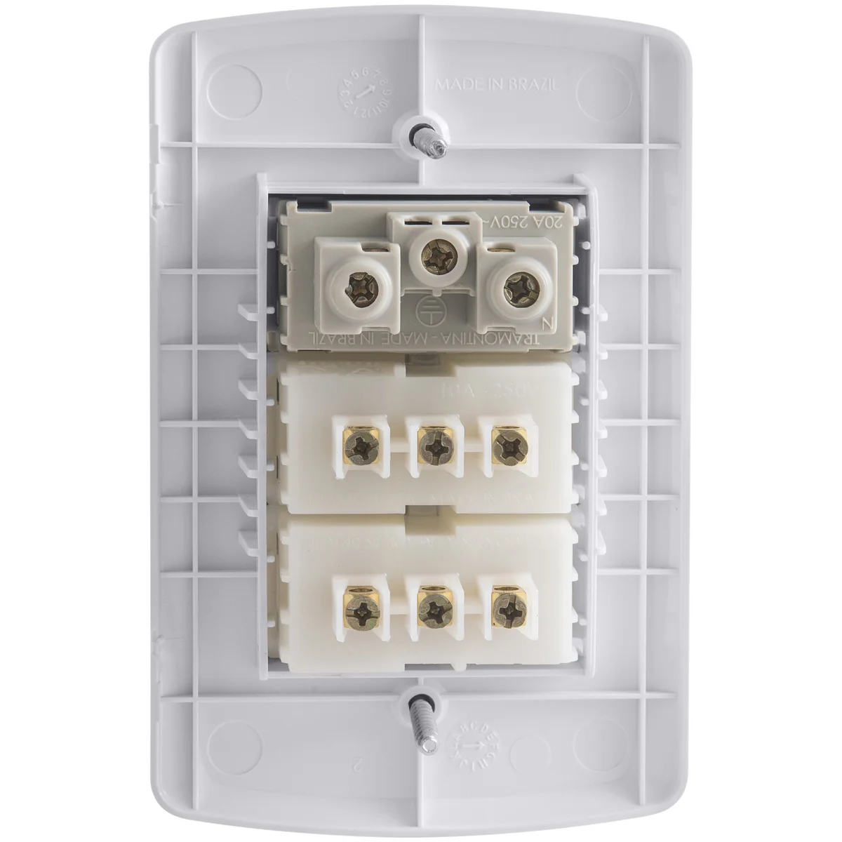 Conjunto 4x2 com 2 Interruptores Paralelos 10 A 250 V e 1 Tomada 2P+T 20 A 250 V Tramontina Lux2 Branco