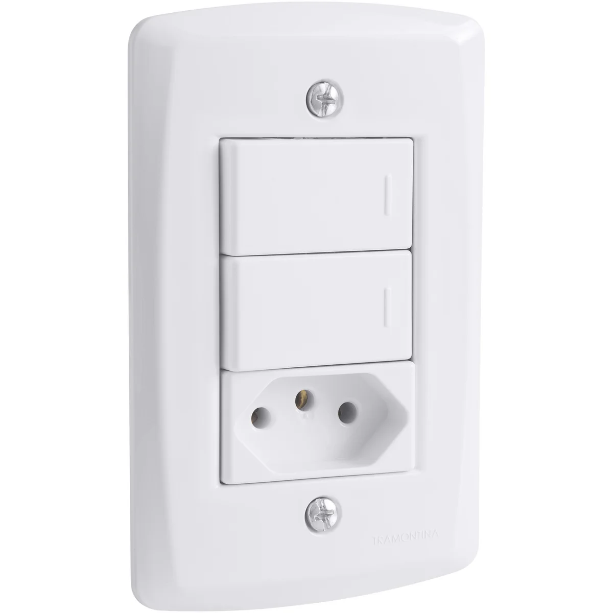 Conjunto 4x2 com 2 Interruptores Simples 10 A 250 V e 1 Tomada 2P+T 10 A 250 V Tramontina Lux2 Branco