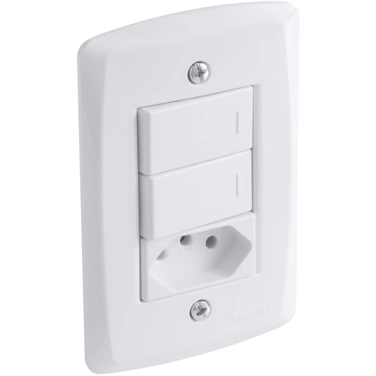 Conjunto 4x2 com 2 Interruptores Simples 10 A 250 V e 1 Tomada 2P+T 10 A 250 V Tramontina Lux2 Branco