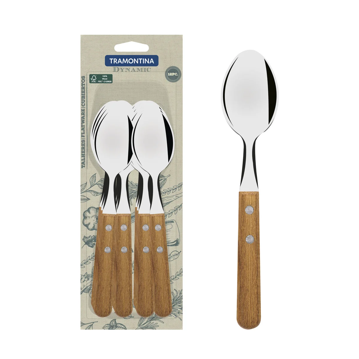 Conjunto de Colheres de Mesa Tramontina Dynamic com Lâminas em Aço Inox e Cabos de Madeira Natural 12 Peças