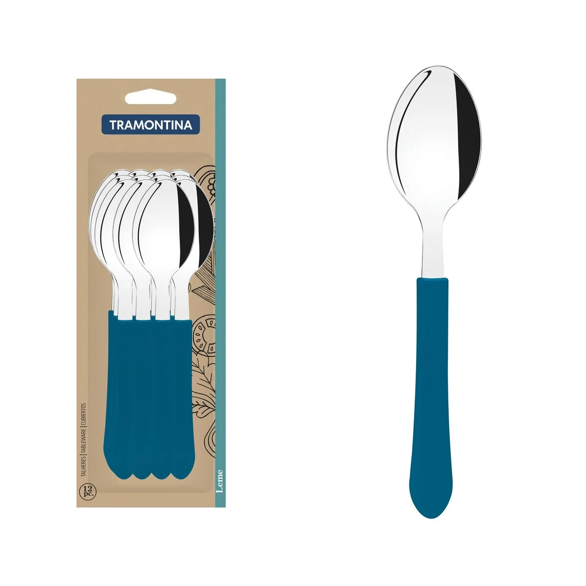 Conjunto de Colheres de Mesa Tramontina Leme com Lâminas em Aço Inox e Cabos de Polipropileno Azul Oceano 12 peças