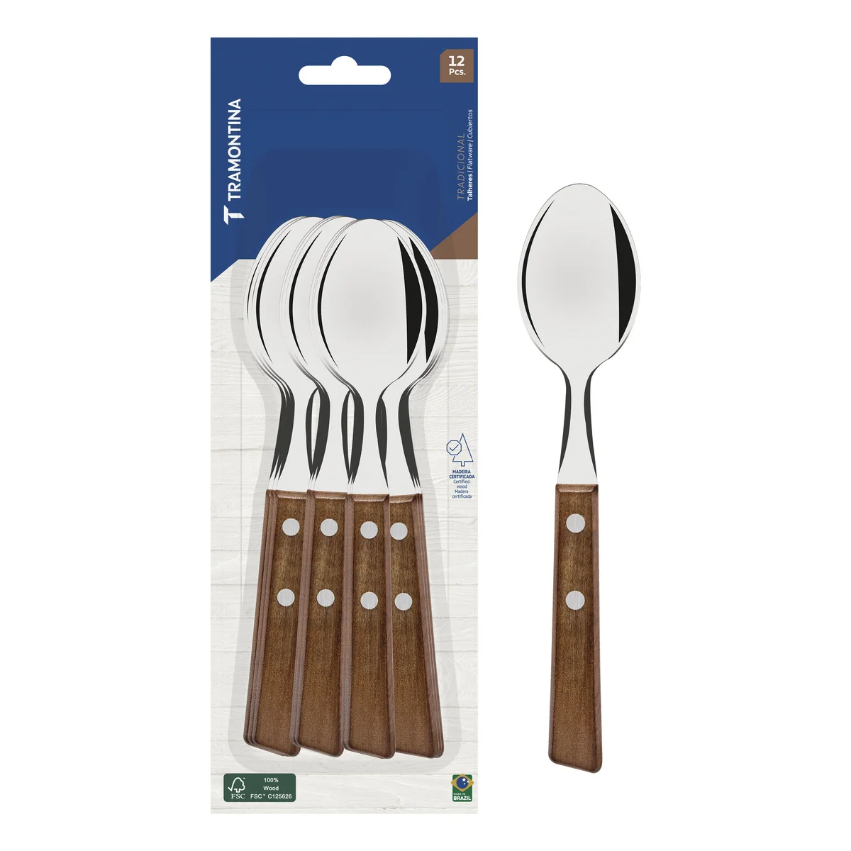 Conjunto de Colheres de Mesa Tramontina Tradicional com Lâminas em Aço Inox e Cabos de Madeira Natural 12 Peças