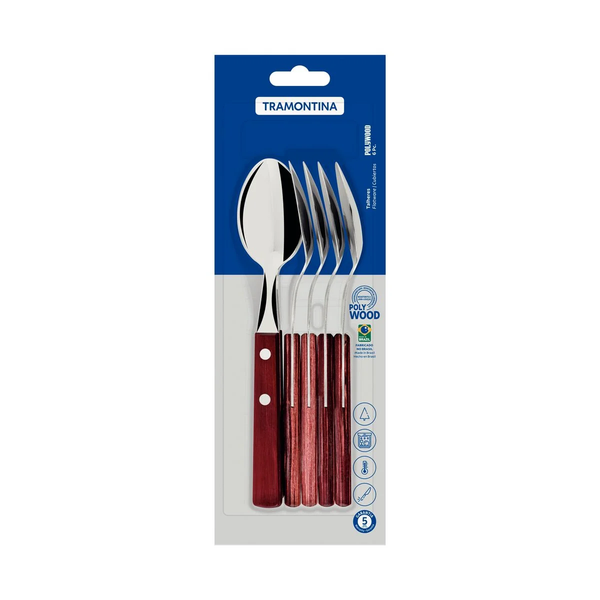 Conjunto de Colheres de Mesa Tramontina com Lâminas em Aço Inox e Cabos em Madeira Tratada Polywood Vermelho 6 Peças