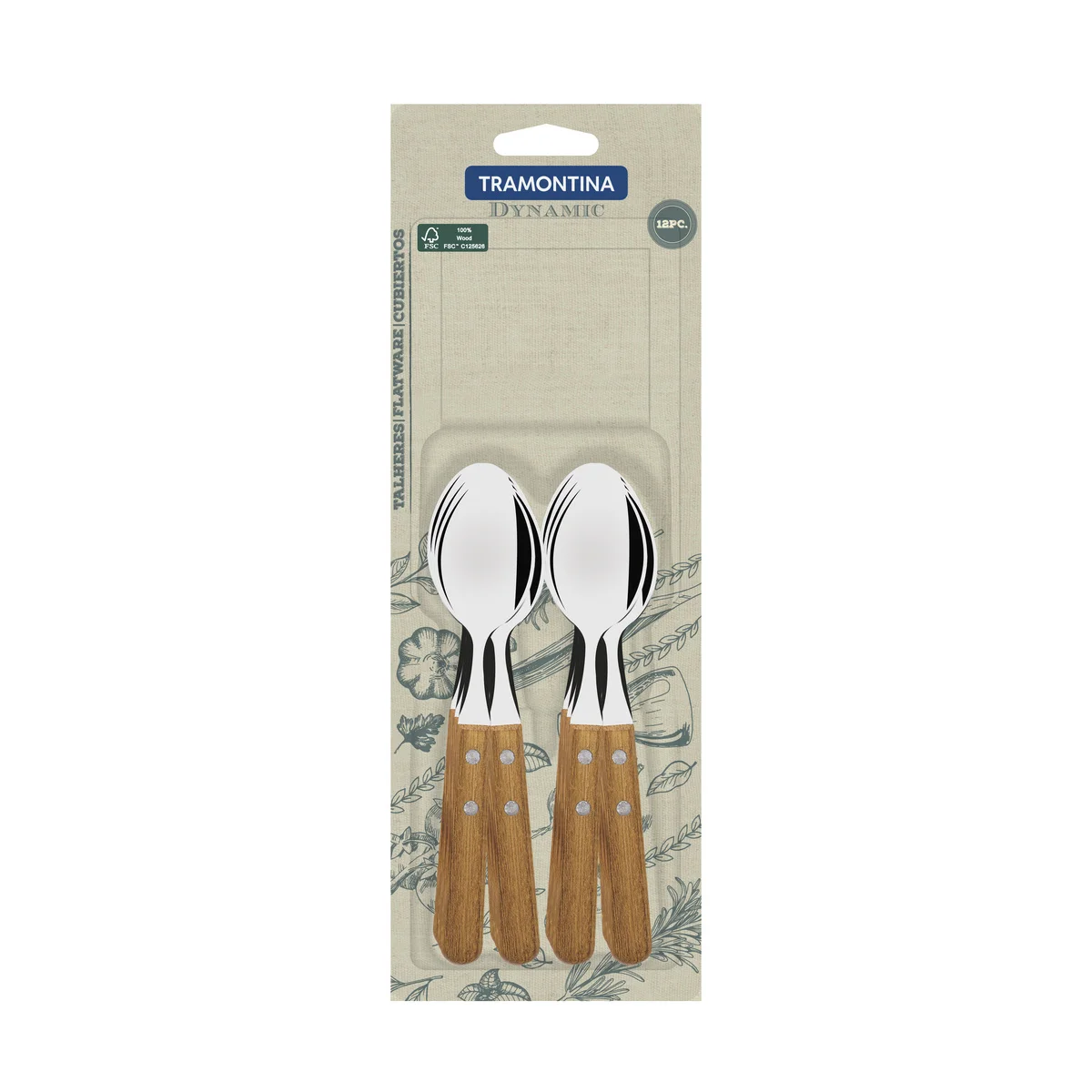 Conjunto de Colheres para Chá Tramontina Dynamic com Lâminas em Aço Inox e Cabos de Madeira Natural 12 Peças
