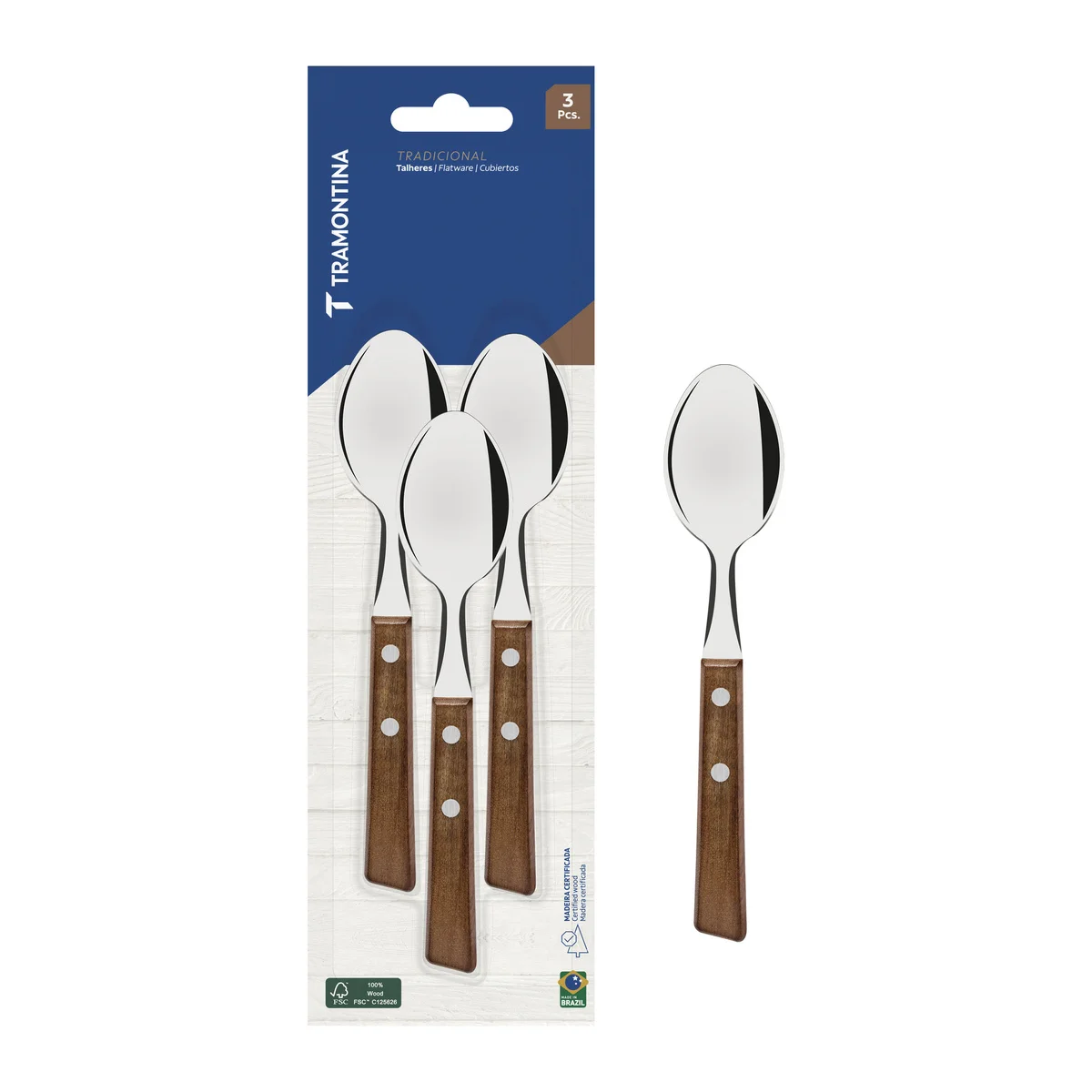 Conjunto de Colheres para Chá Tramontina Tradicional com Lâminas em Aço Inox e Cabos de Madeira Natural 03 Peças