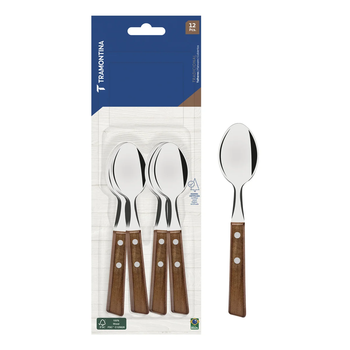 Conjunto de Colheres para Chá Tramontina Tradicional com Lâminas em Aço Inox e Cabos de Madeira Natural 12 Peças
