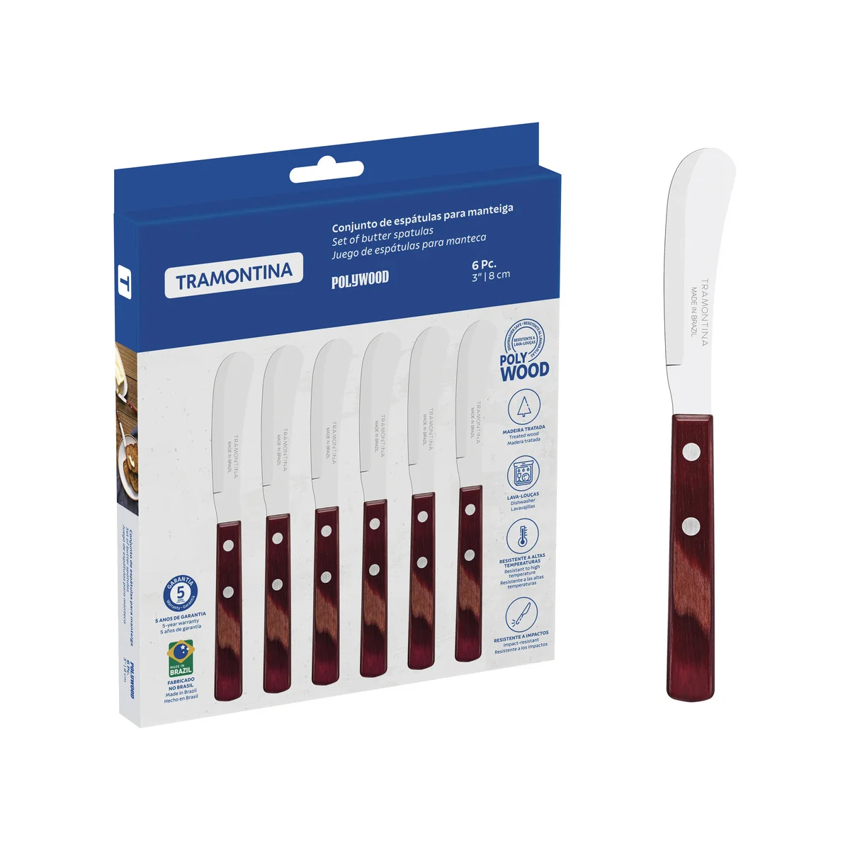 Conjunto de Espátulas para Manteiga Tramontina Polywood com Lâminas em Aço Inox e Cabos de Madeira Tratada Vermelho 6 Peças
