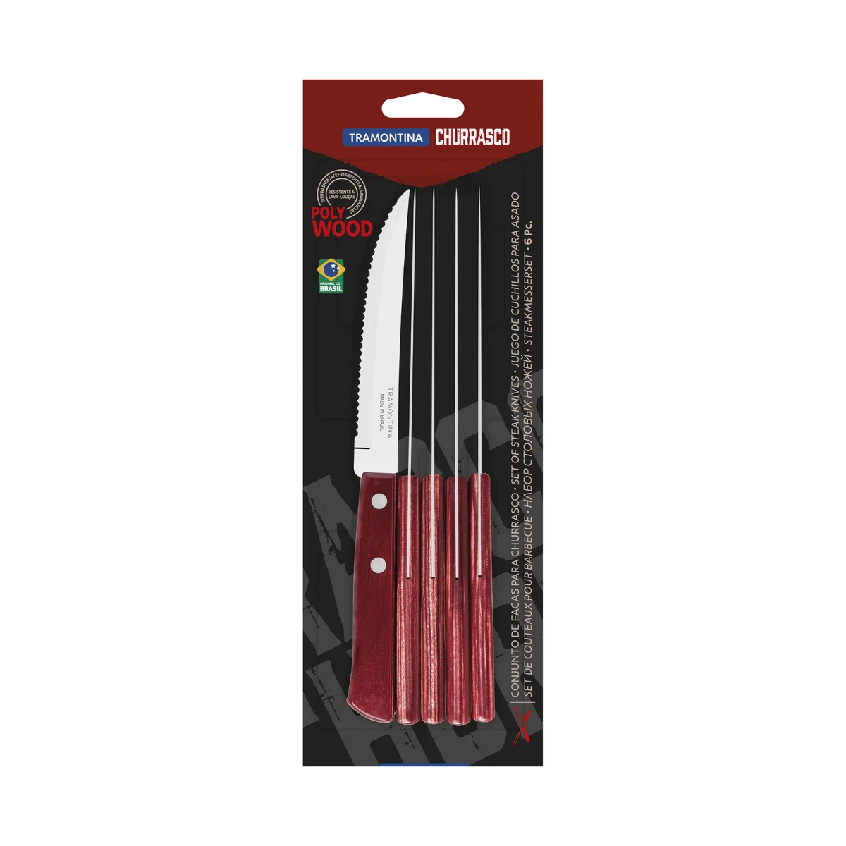 Conjunto de Facas para Churrasco Tramontina 5" em Aço Inox com Cabo Vermelho Polywood 6 Peças
