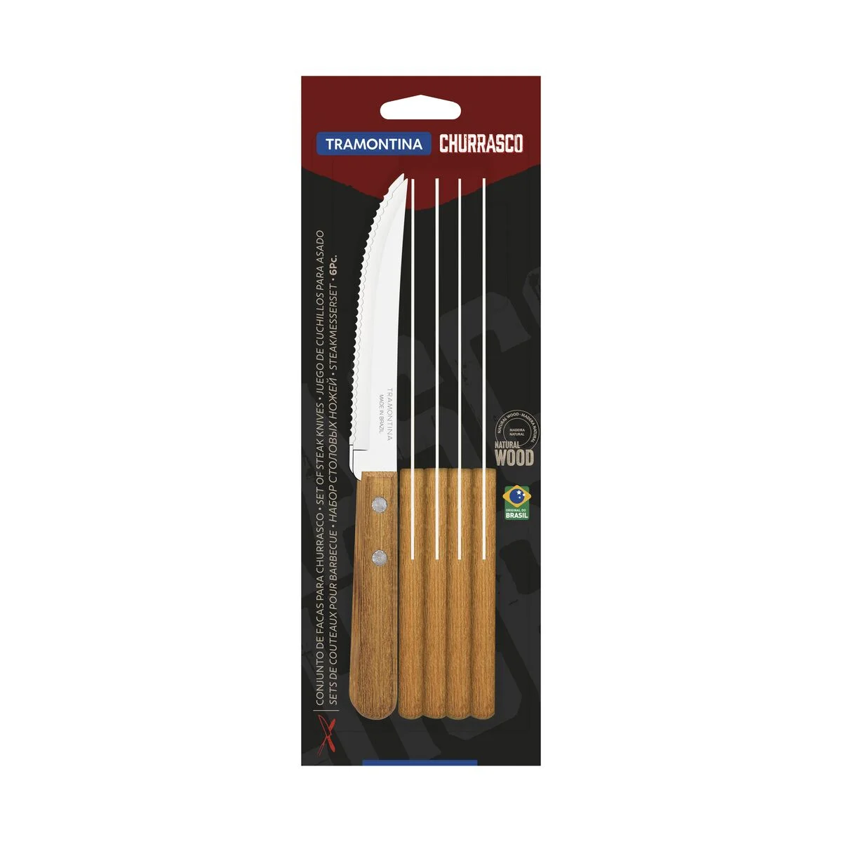 Conjunto de Facas para Churrasco Tramontina Dynamic com Lâminas em Aço Inox e Cabos de Madeira Natural 6 Peças