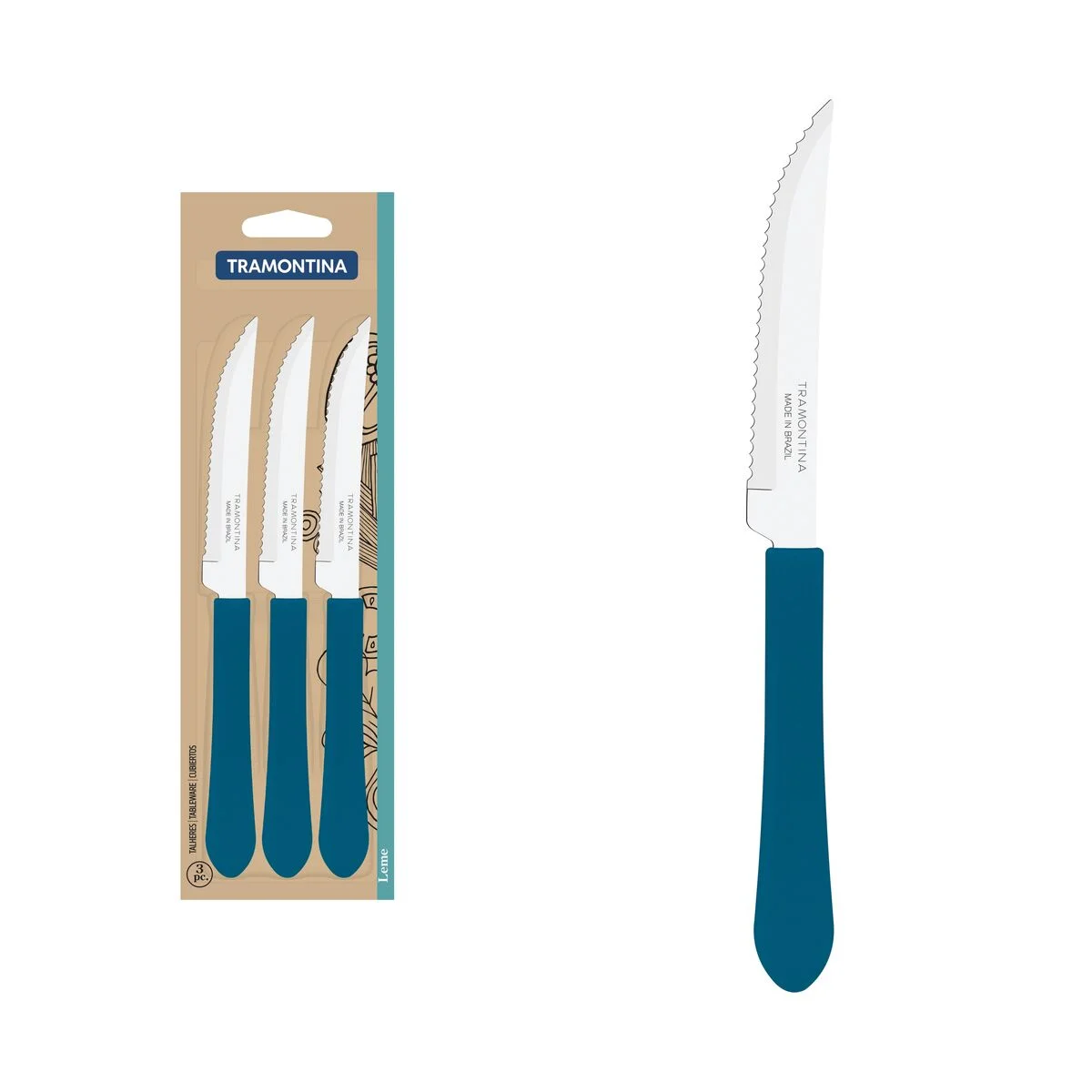 Conjunto de Facas para Churrasco Tramontina Leme com Lâminas em Aço Inox e Cabos de Polipropileno Azul Oceano 3 Peças