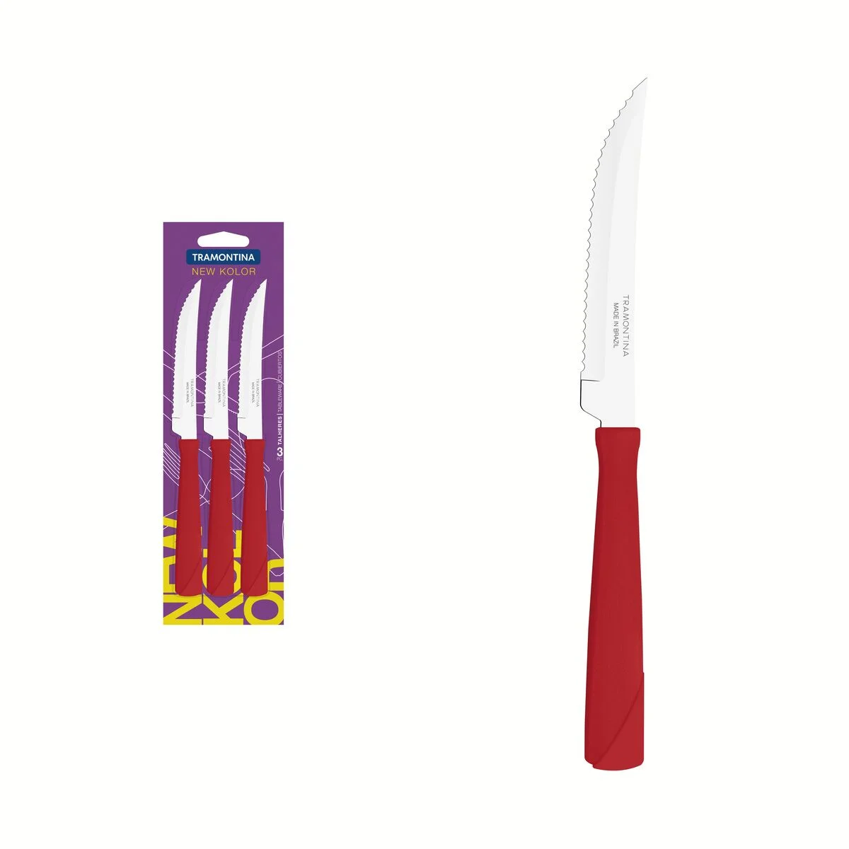 Conjunto de Facas para Churrasco Tramontina New Kolor com Lâminas em Aço Inox e Cabos de Polipropileno Vermelho 3 Peças