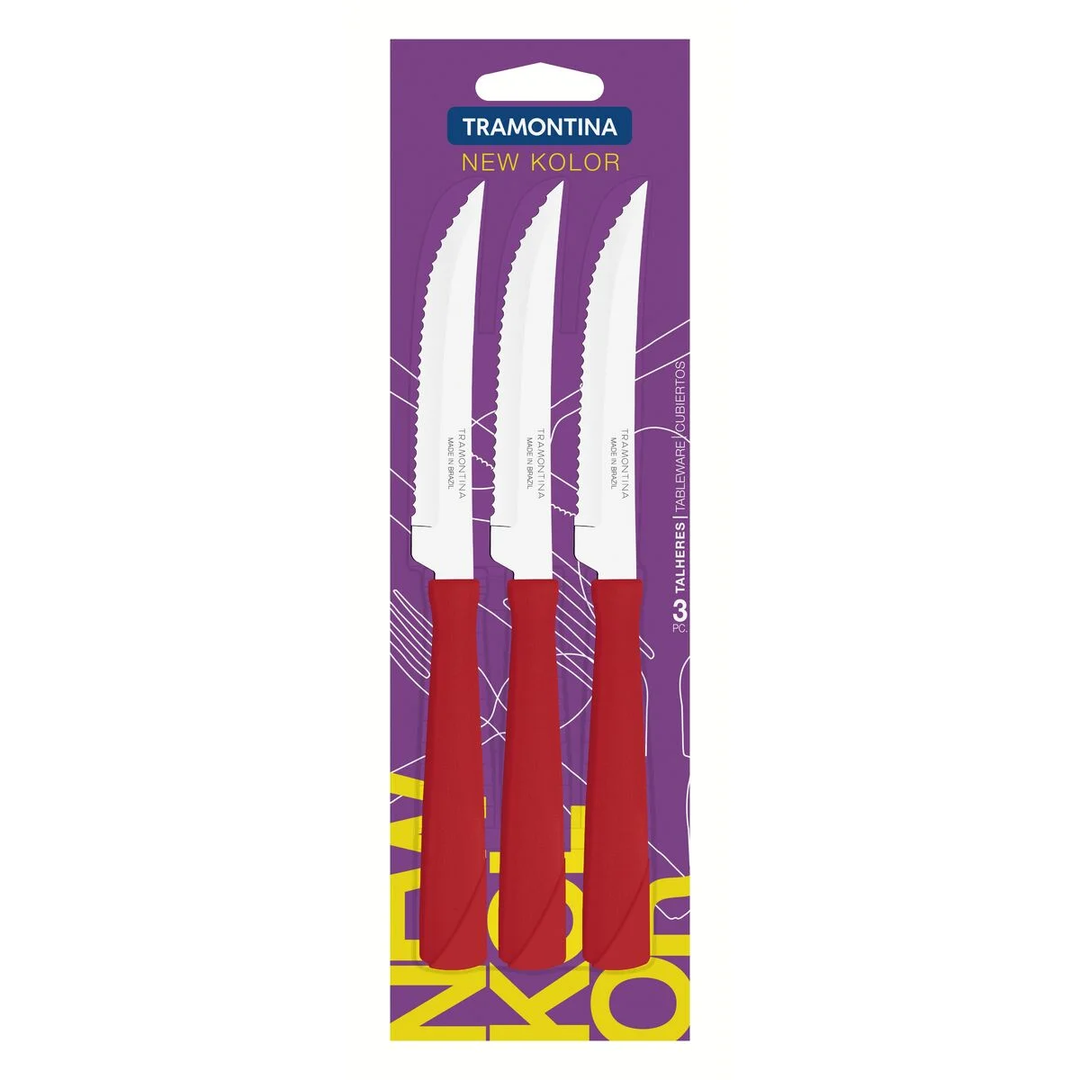 Conjunto de Facas para Churrasco Tramontina New Kolor com Lâminas em Aço Inox e Cabos de Polipropileno Vermelho 3 Peças