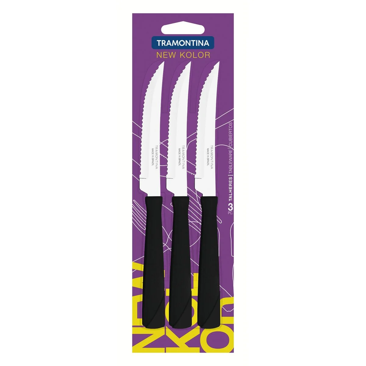 Conjunto de Facas para Churrasco Tramontina New Kolor com Lâminas em Aço Inox e Cabos de Polipropileno Preto 3 Peças