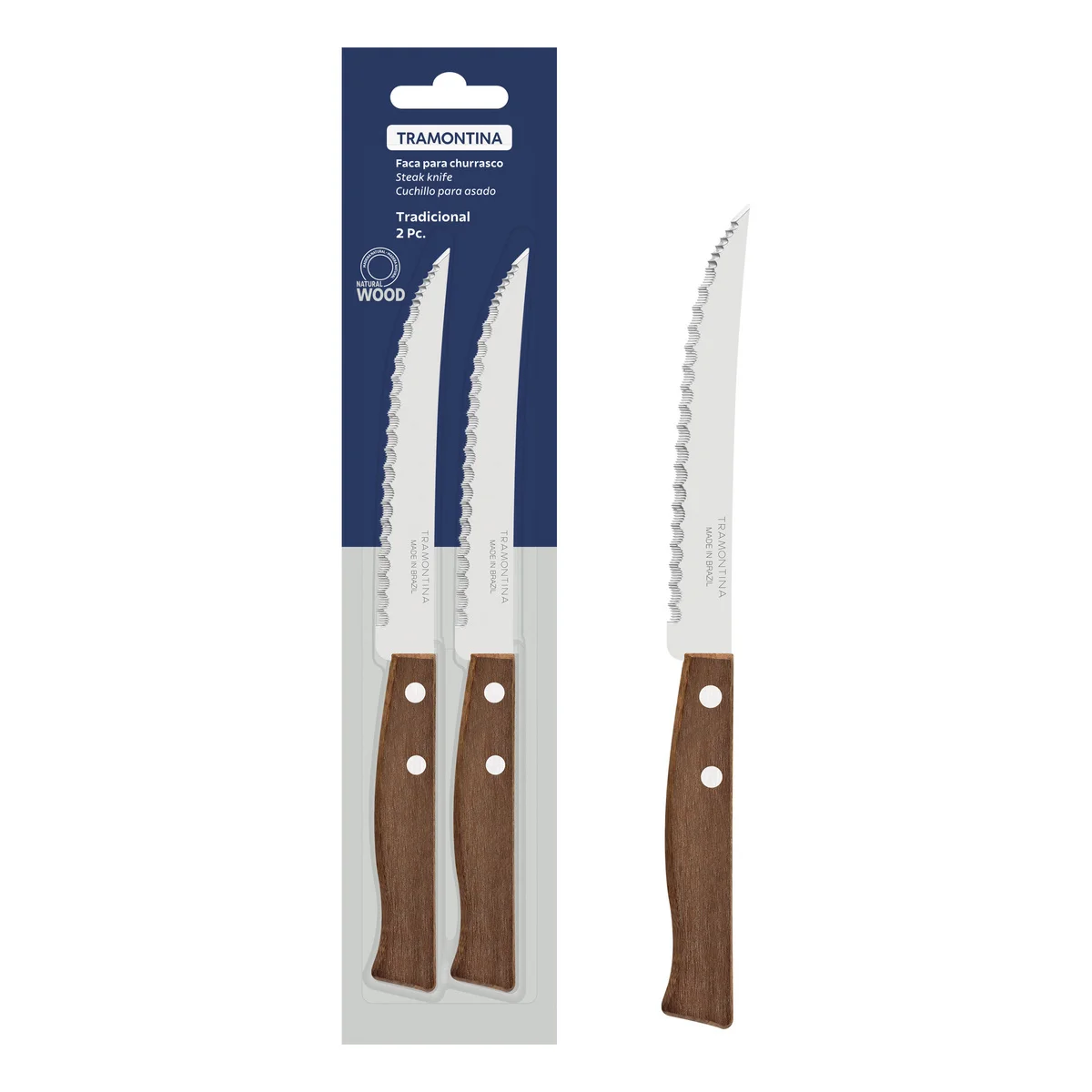 Conjunto de Facas para Churrasco Tramontina Tradicional com Lâminas em Aço Inox com Fio Microserrilhado e Cabos de Madeira Natural 02 Peças