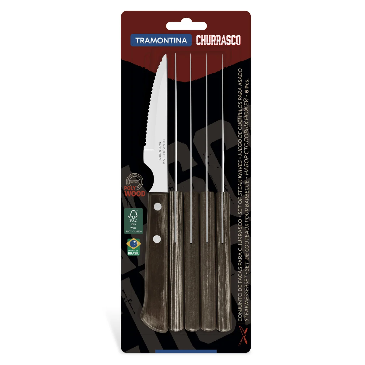 Conjunto de Facas para Churrasco Tramontina com Lâminas em Aço Inox e Cabos de Madeira Tratada Polywood Castanho 6 Peças