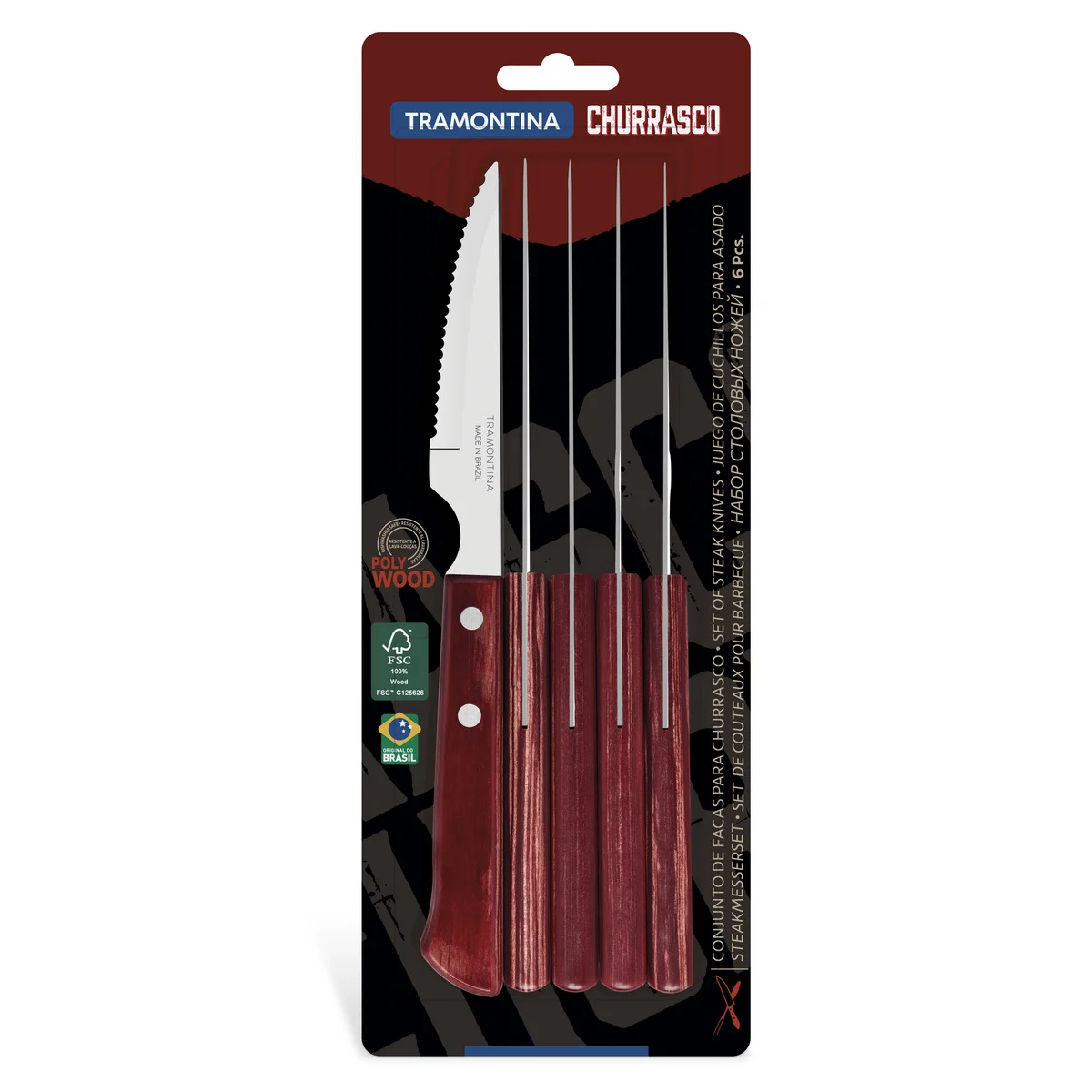 Conjunto de Facas para Churrasco Tramontina com Lâminas em Aço Inox e Cabos de Madeira Tratada Polywood Vermelho 6 Peças