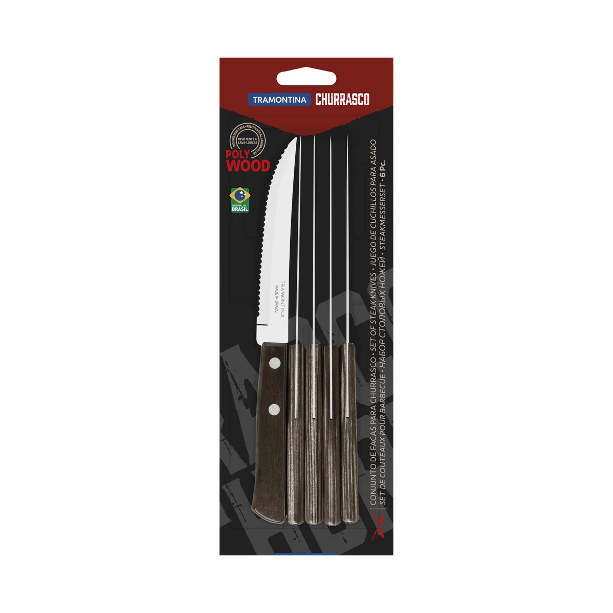 Conjunto de Facas para Churrasco Tramontina em Aço Inox com Cabo Castanho Polywood 6 Peças