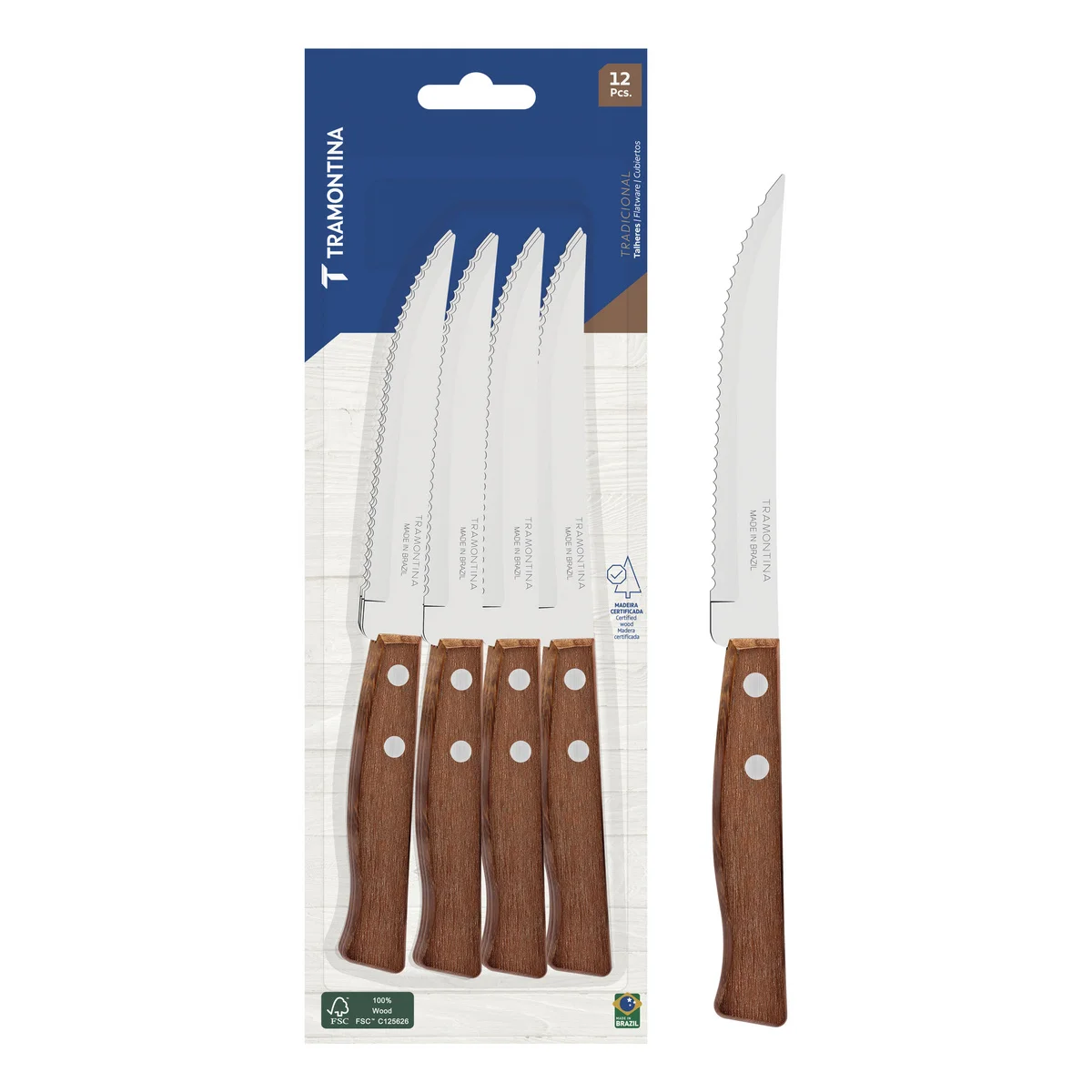Conjunto de Facas para Churrasco e Frutas Tramontina Tradicional com Lâminas em Aço Inox e Cabos de Madeira Natural 12 Peças