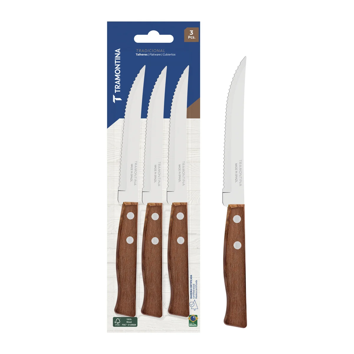 Conjunto de Facas para Churrasco e Frutas Tramontina Tradicional com Lâminas em Aço Inox e Cabos de Madeira Natural 3 Peças