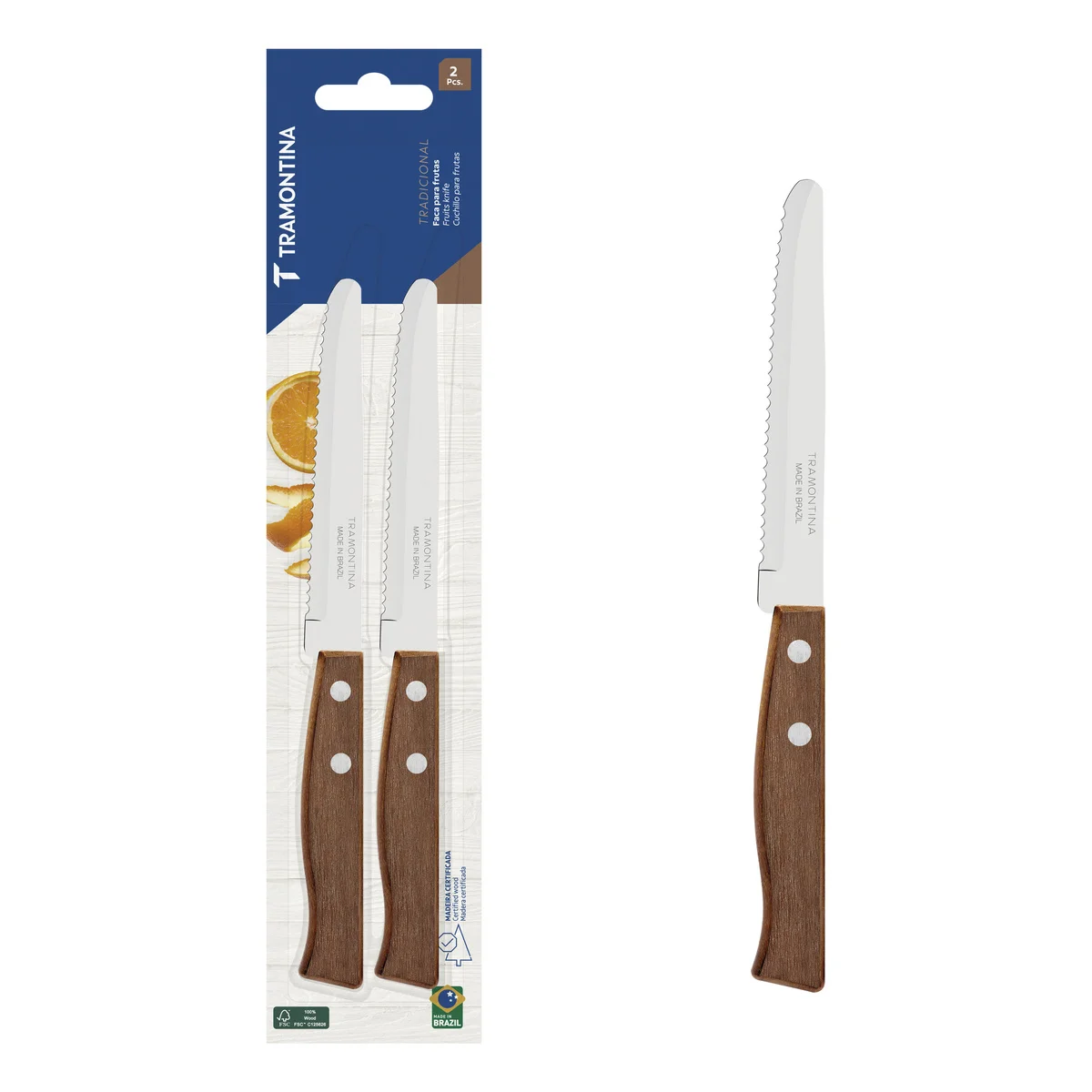 Conjunto de Facas para Frutas Tramontina Tradicional com Lâminas em Aço Inox e Cabos de Madeira Natural 02 Peças