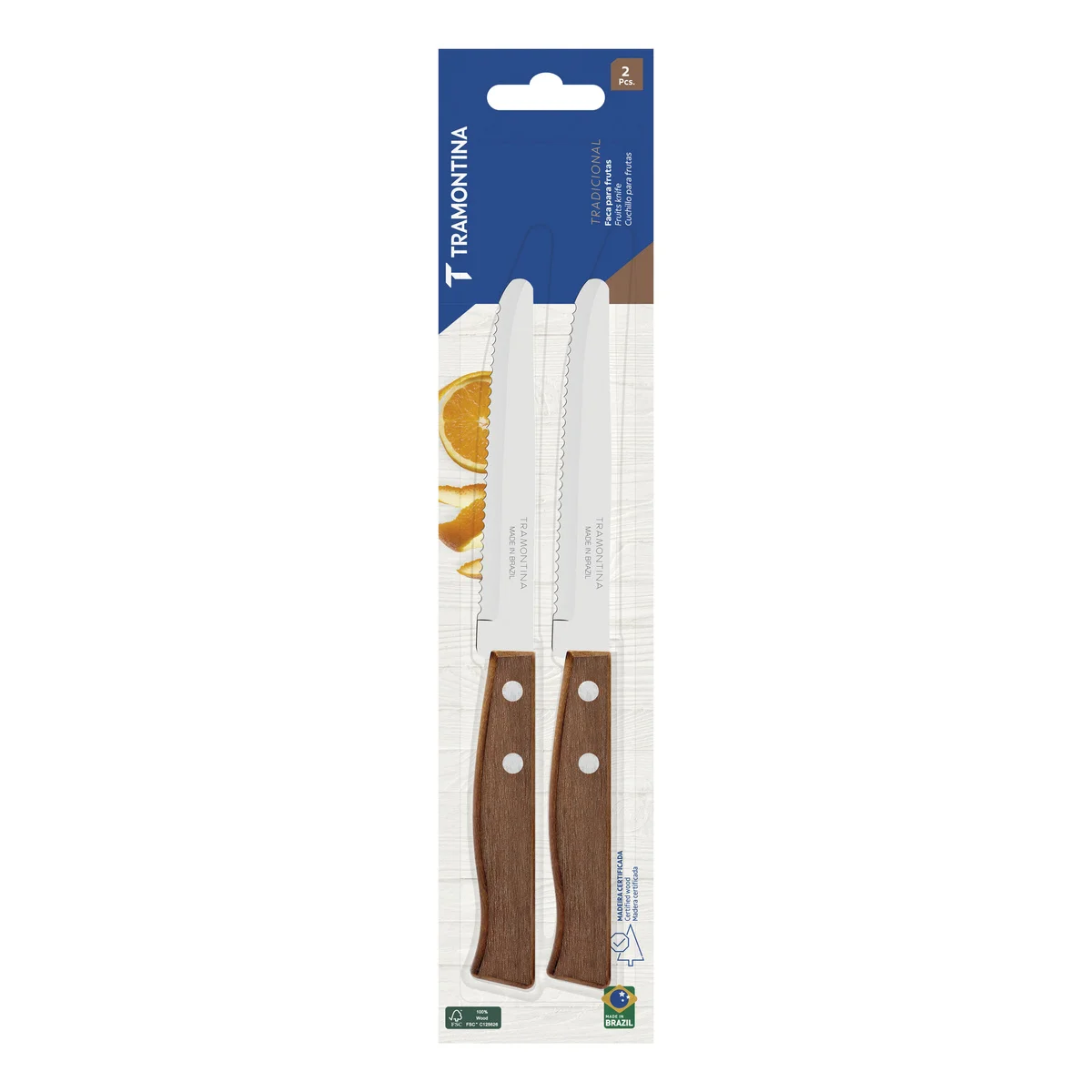 Conjunto de Facas para Frutas Tramontina Tradicional com Lâminas em Aço Inox e Cabos de Madeira Natural 02 Peças