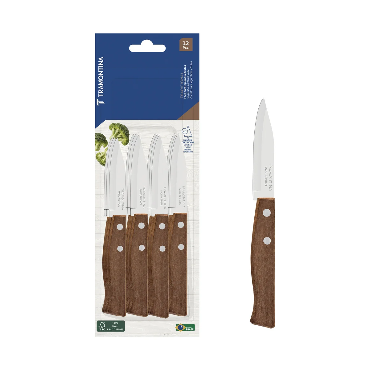 Conjunto de Facas para Frutas e Legumes Tramontina Tradicional com Lâminas em Aço Inox e Cabos de Madeira Natural 12 Peças