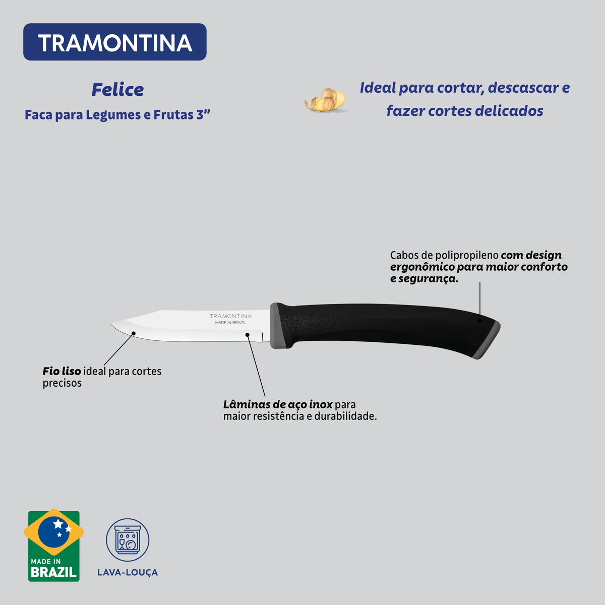 Conjunto de Facas para Legumes e Frutas Tramontina Felice com Lâminas em Aço Inox e Cabos em Polipropileno Preto 02 Peças