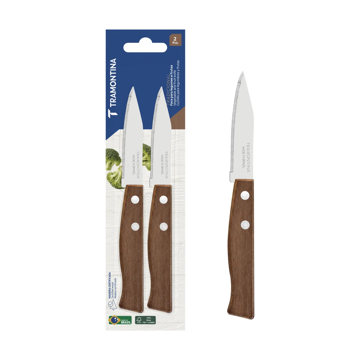 Conjunto de Facas para Legumes e Frutas Tramontina Tradicional com Lâminas em Aço Inox com Fio Microserrilhado e Cabos de Madeira Natural 02 Peças