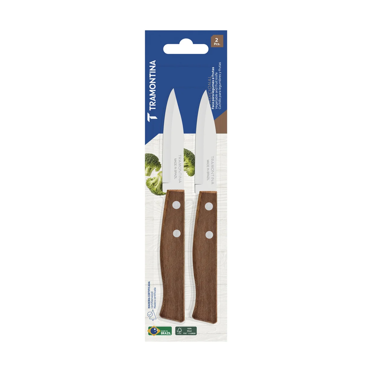 Conjunto de Facas para Legumes e Frutas Tramontina Tradicional com Lâminas em Aço Inox e Cabos de Madeira Natural 02 Peças